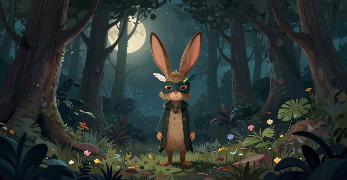 A masked forest character with hare ears and feather accents in a moonlit storybook forest