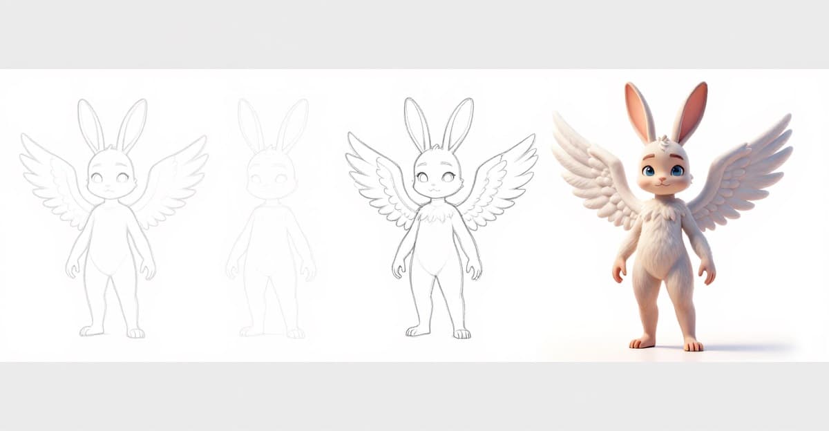 Character design process from rough silhouette sketches to a finished original character
