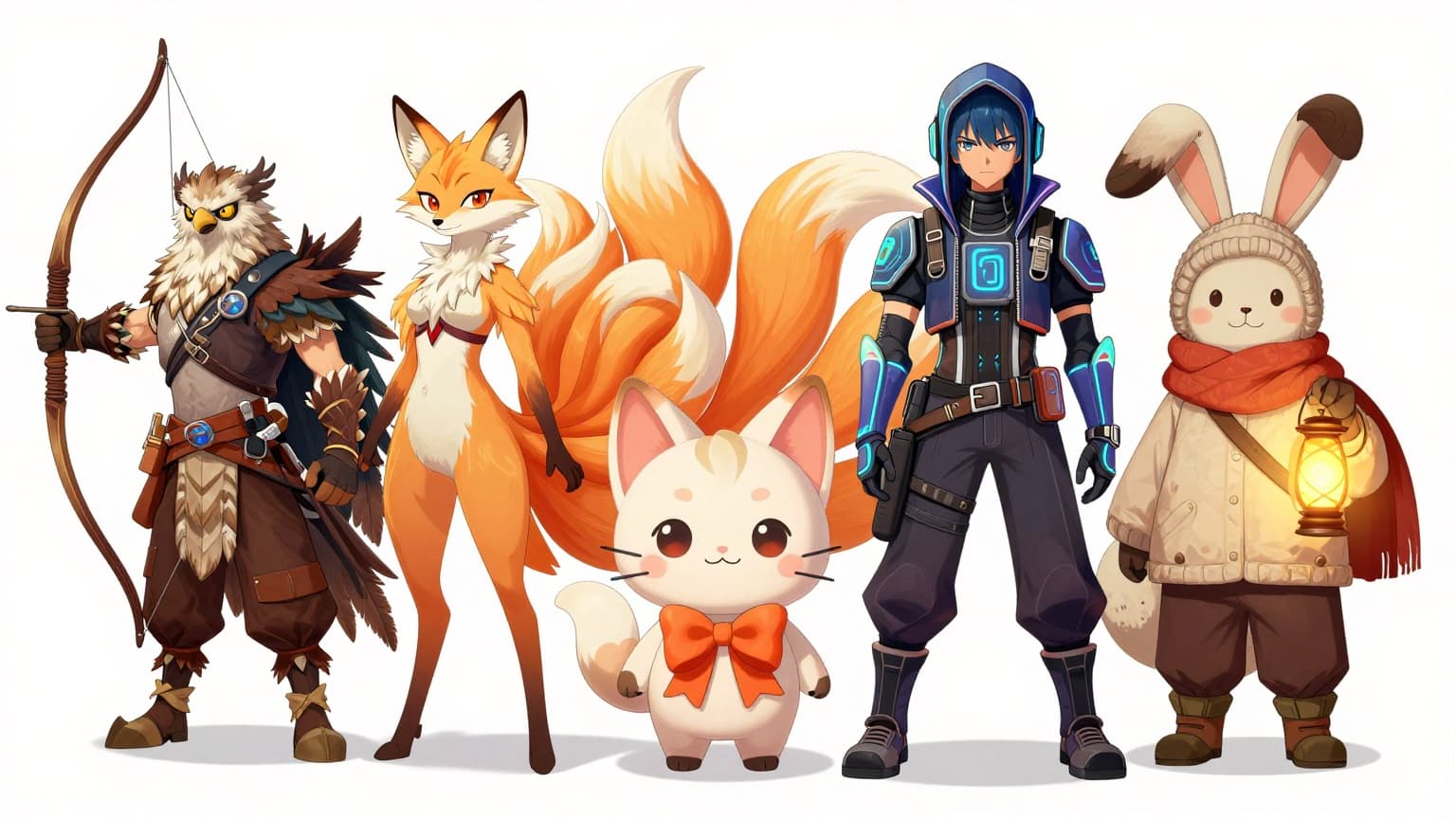 A colorful lineup of AI-generated original characters across many art styles