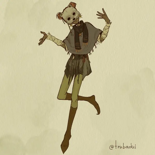 A masked folk character in a scarf and patchwork clothes, one leg lifted, drawn in muted storybook colors